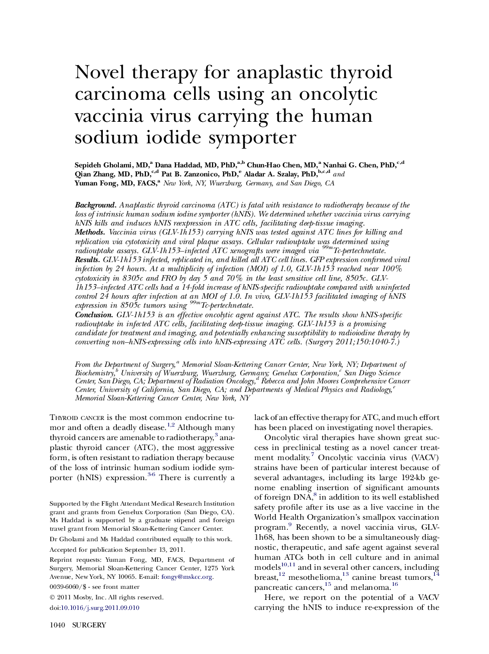 Novel therapy for anaplastic thyroid carcinoma cells using an oncolytic vaccinia virus carrying the human sodium iodide symporter 