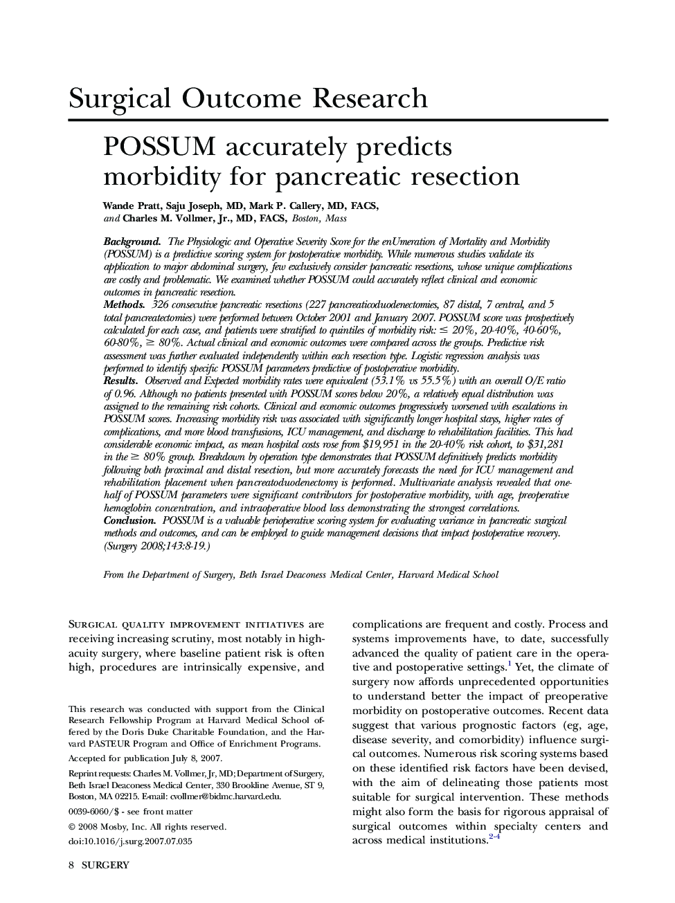 POSSUM accurately predicts morbidity for pancreatic resection 