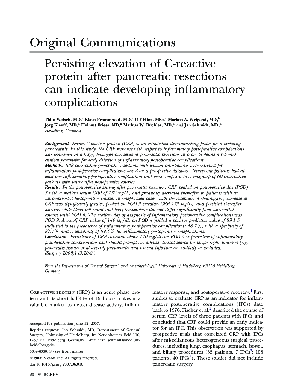 Persisting elevation of C-reactive protein after pancreatic resections can indicate developing inflammatory complications