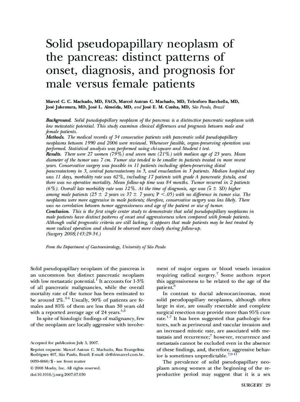 Solid pseudopapillary neoplasm of the pancreas: distinct patterns of onset, diagnosis, and prognosis for male versus female patients