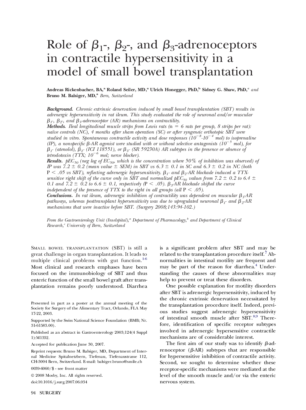 Role of Î²1-, Î²2-, and Î²3-adrenoceptors in contractile hypersensitivity in a model of small bowel transplantation