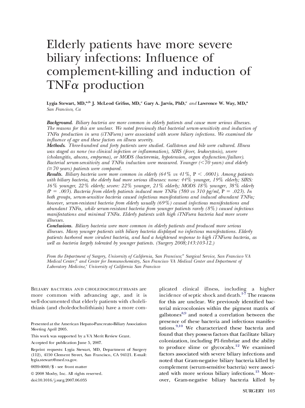 Elderly patients have more severe biliary infections: Influence of complement-killing and induction of TNFα production 