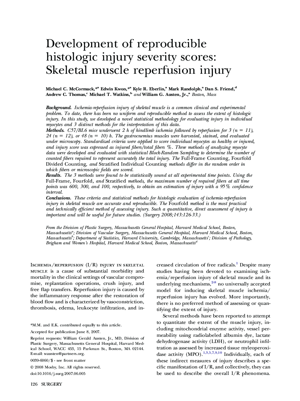 Development of reproducible histologic injury severity scores: Skeletal muscle reperfusion injury