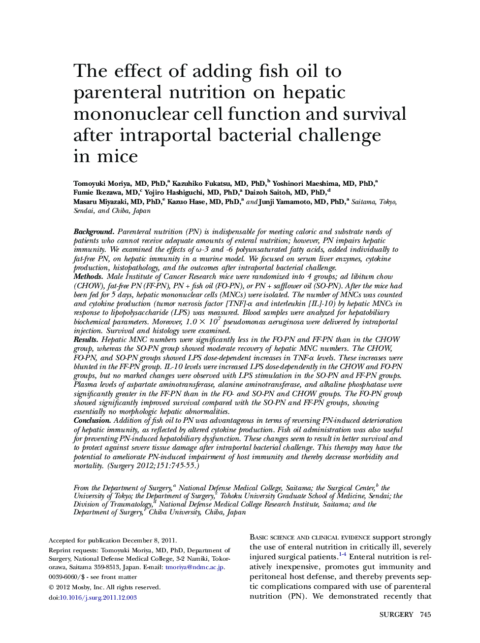 The effect of adding fish oil to parenteral nutrition on hepatic mononuclear cell function and survival after intraportal bacterial challenge in mice