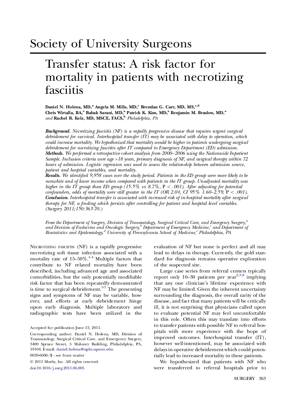 Transfer status: A risk factor for mortality in patients with necrotizing fasciitis