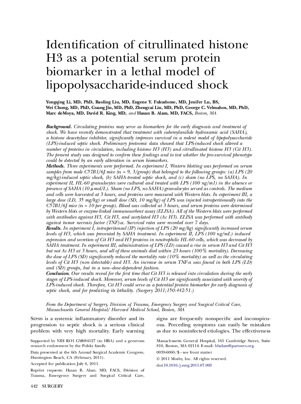 Identification of citrullinated histone H3 as a potential serum protein biomarker in a lethal model of lipopolysaccharide-induced shock 