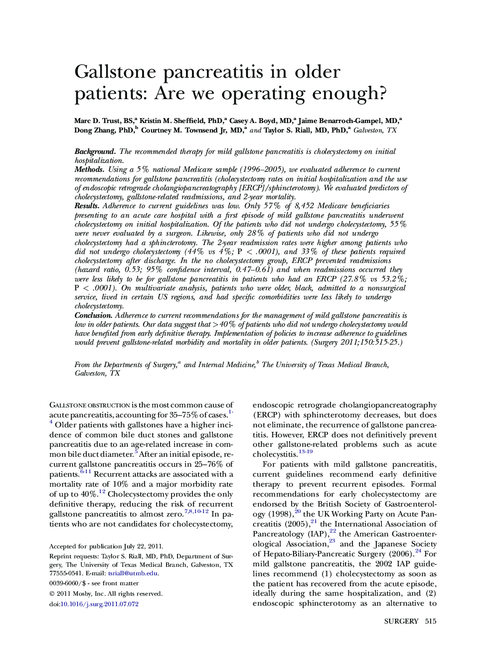 Gallstone pancreatitis in older patients: Are we operating enough?