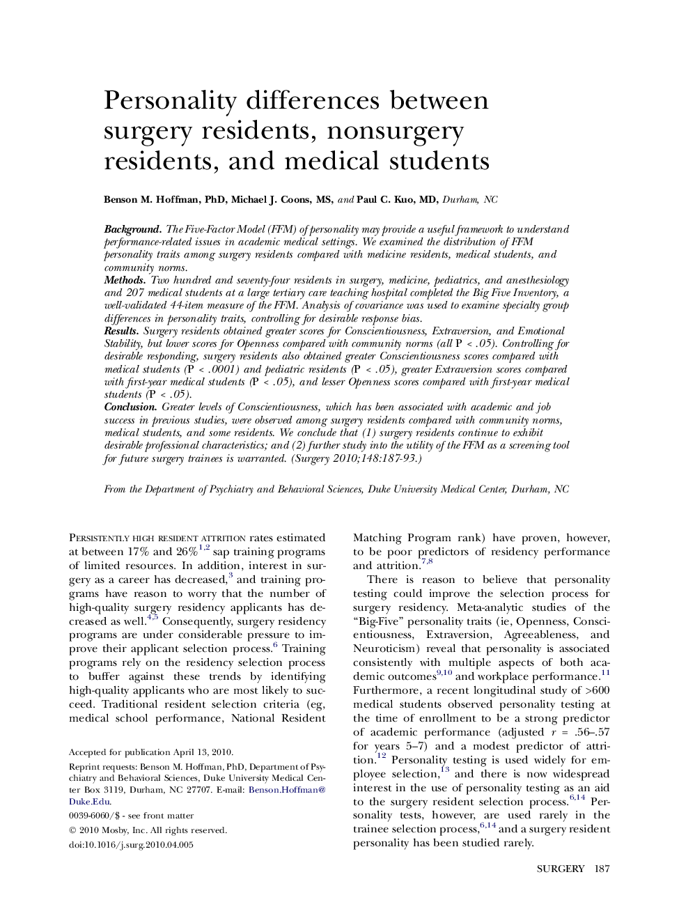 Personality differences between surgery residents, nonsurgery residents, and medical students