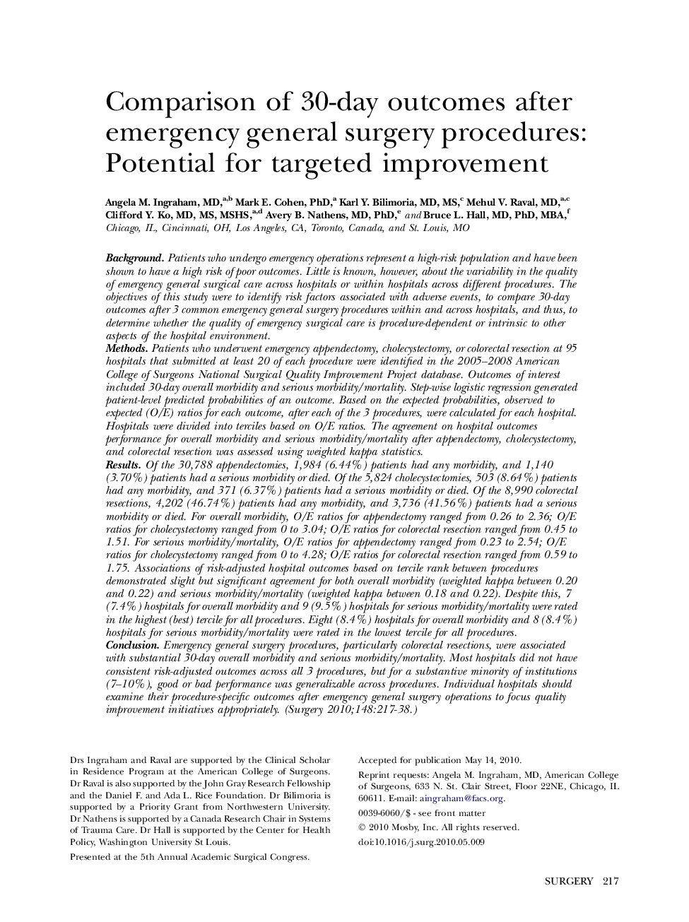 Comparison of 30-day outcomes after emergency general surgery procedures: Potential for targeted improvement 