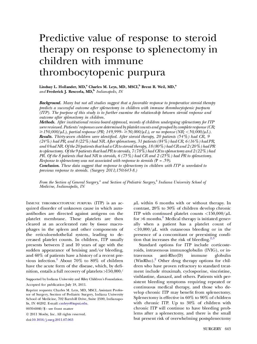 Predictive value of response to steroid therapy on response to splenectomy in children with immune thrombocytopenic purpura 