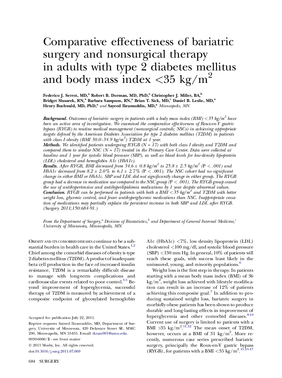 Comparative effectiveness of bariatric surgery and nonsurgical therapy in adults with type 2 diabetes mellitus and body mass index <35 kg/m2