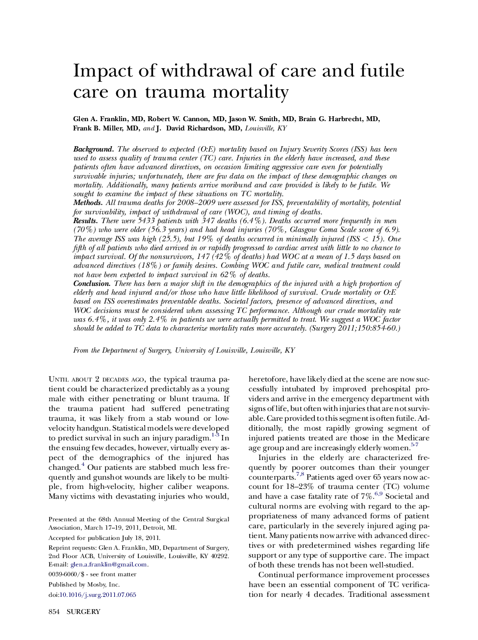 Impact of withdrawal of care and futile care on trauma mortality