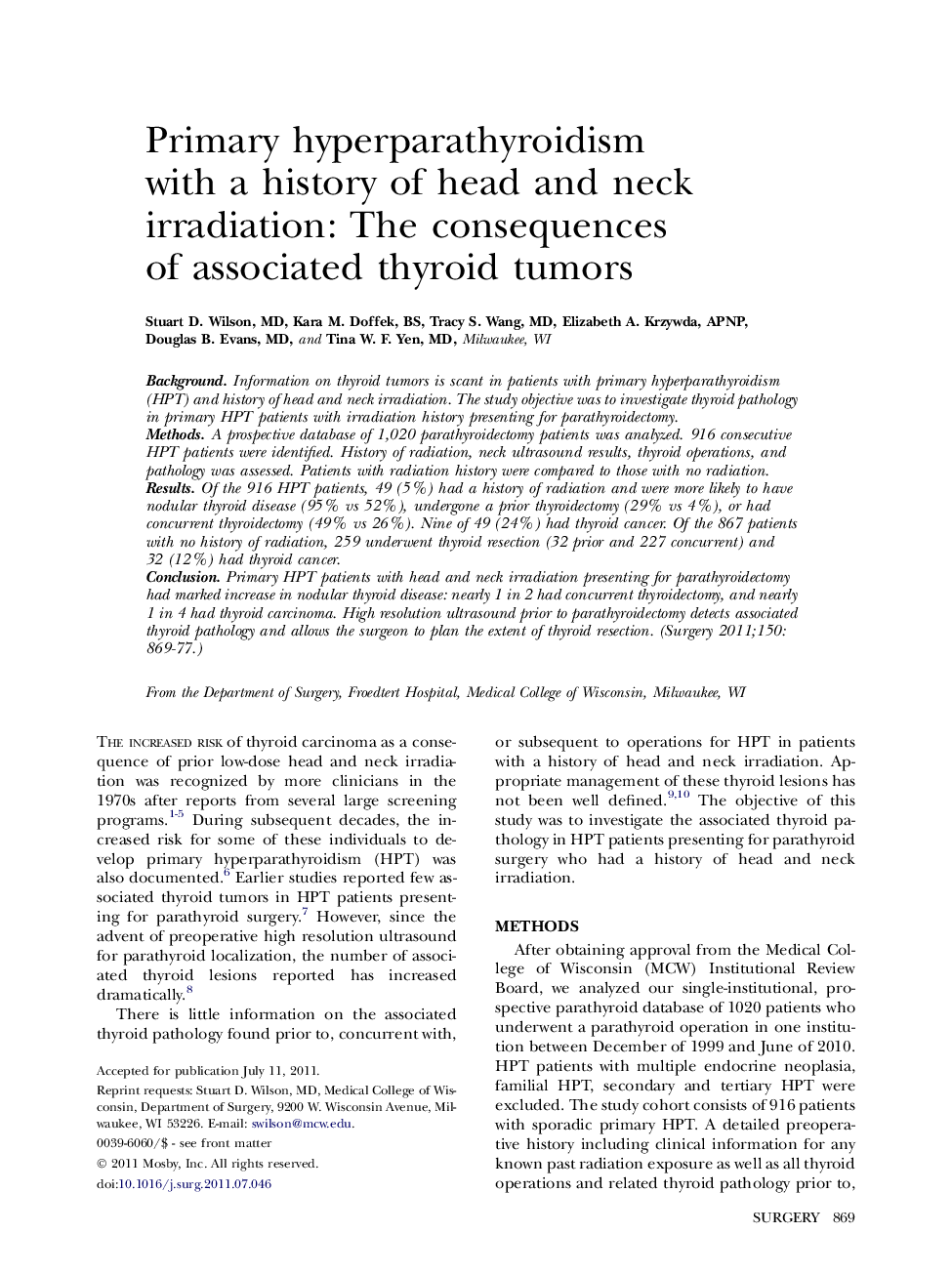 Primary hyperparathyroidism with a history of head and neck irradiation: The consequences of associated thyroid tumors