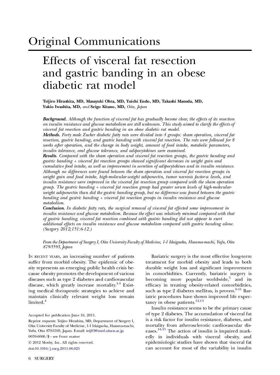 Effects of visceral fat resection and gastric banding in an obese diabetic rat model