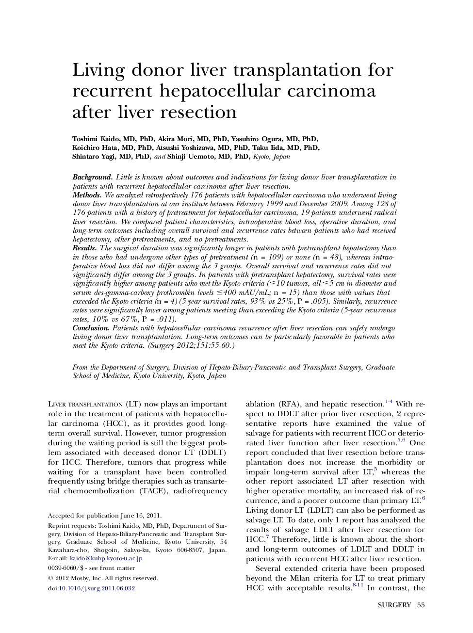 Living donor liver transplantation for recurrent hepatocellular carcinoma after liver resection