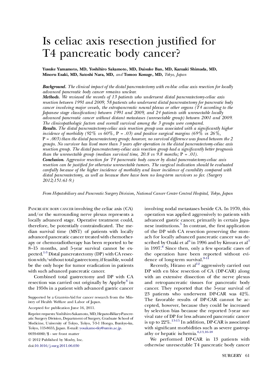 Is celiac axis resection justified for T4 pancreatic body cancer? 