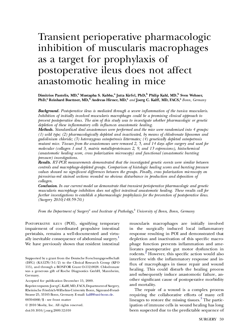 Transient perioperative pharmacologic inhibition of muscularis macrophages as a target for prophylaxis of postoperative ileus does not affect anastomotic healing in mice 