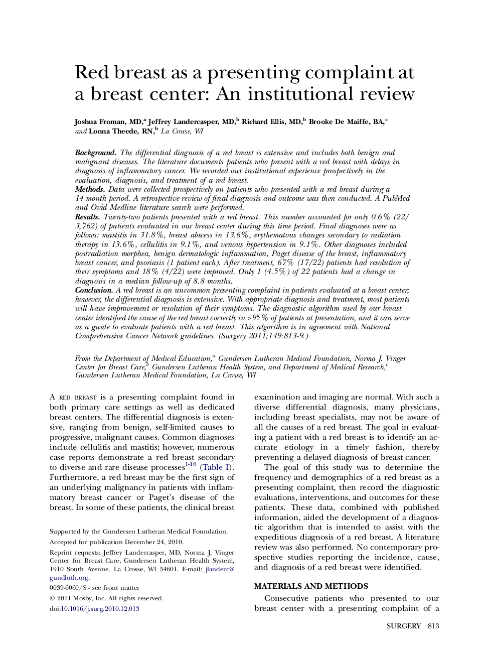 Red breast as a presenting complaint at a breast center: An institutional review 