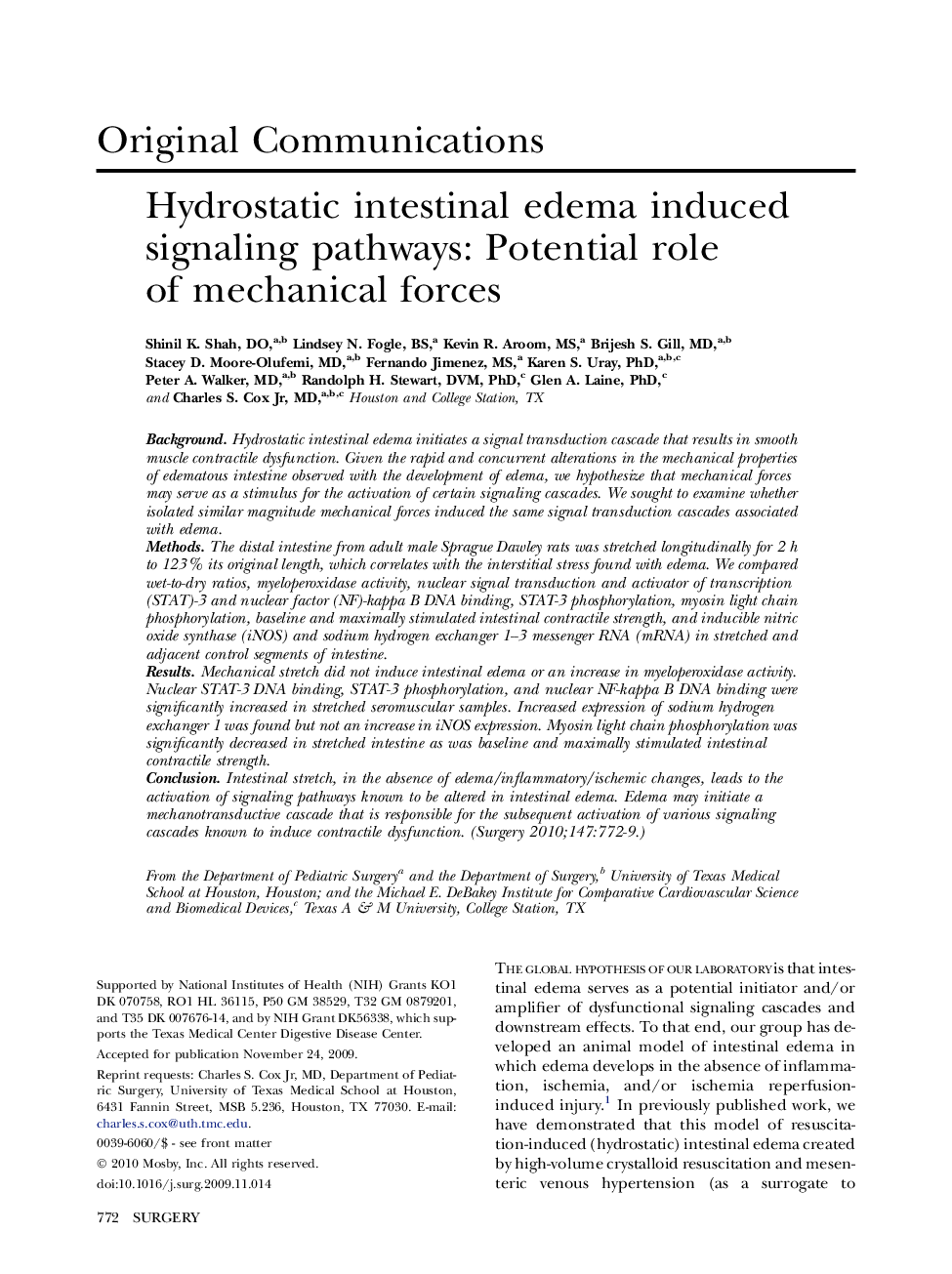 Hydrostatic intestinal edema induced signaling pathways: Potential role of mechanical forces 