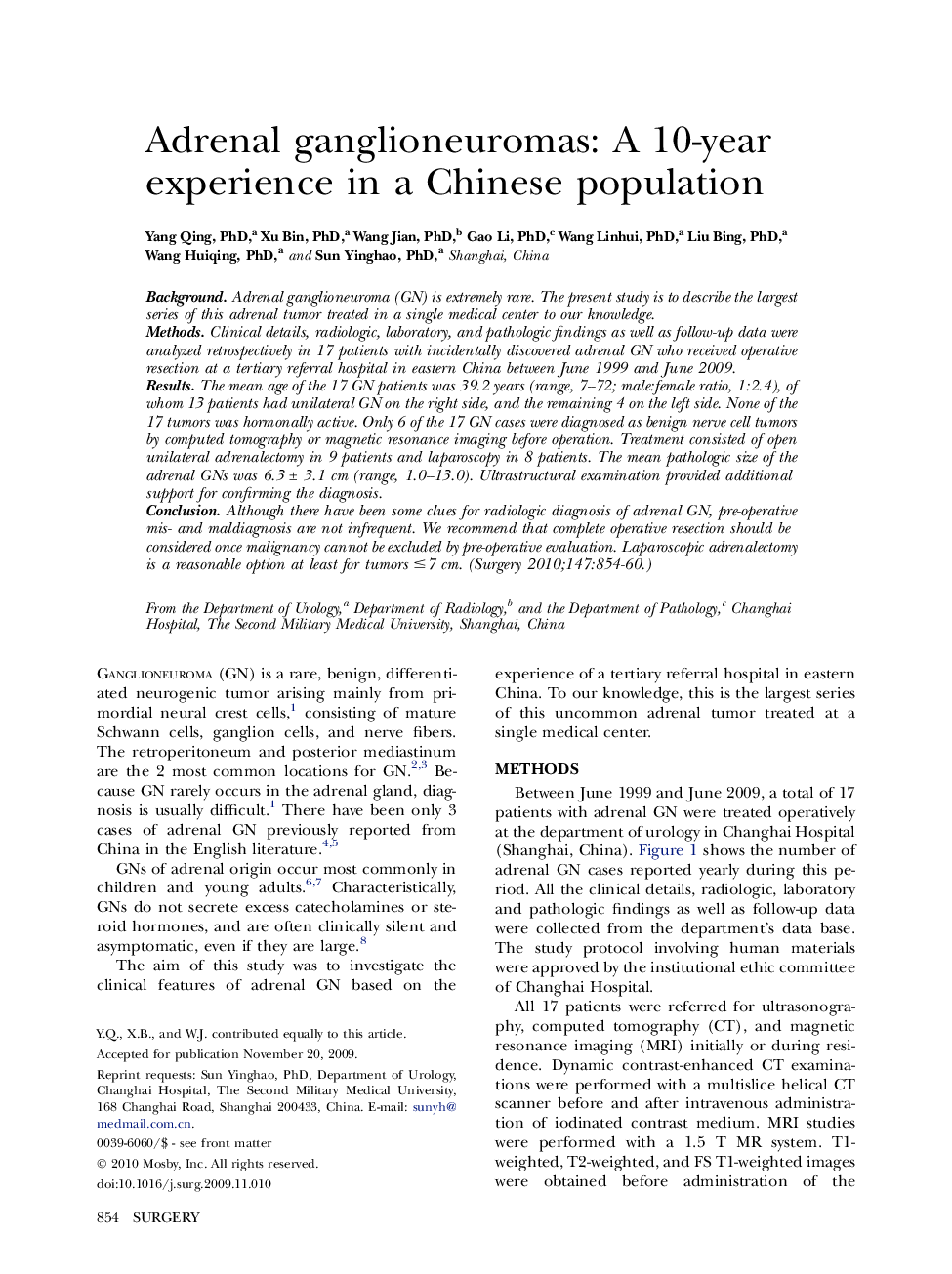 Adrenal ganglioneuromas: A 10-year experience in a Chinese population 