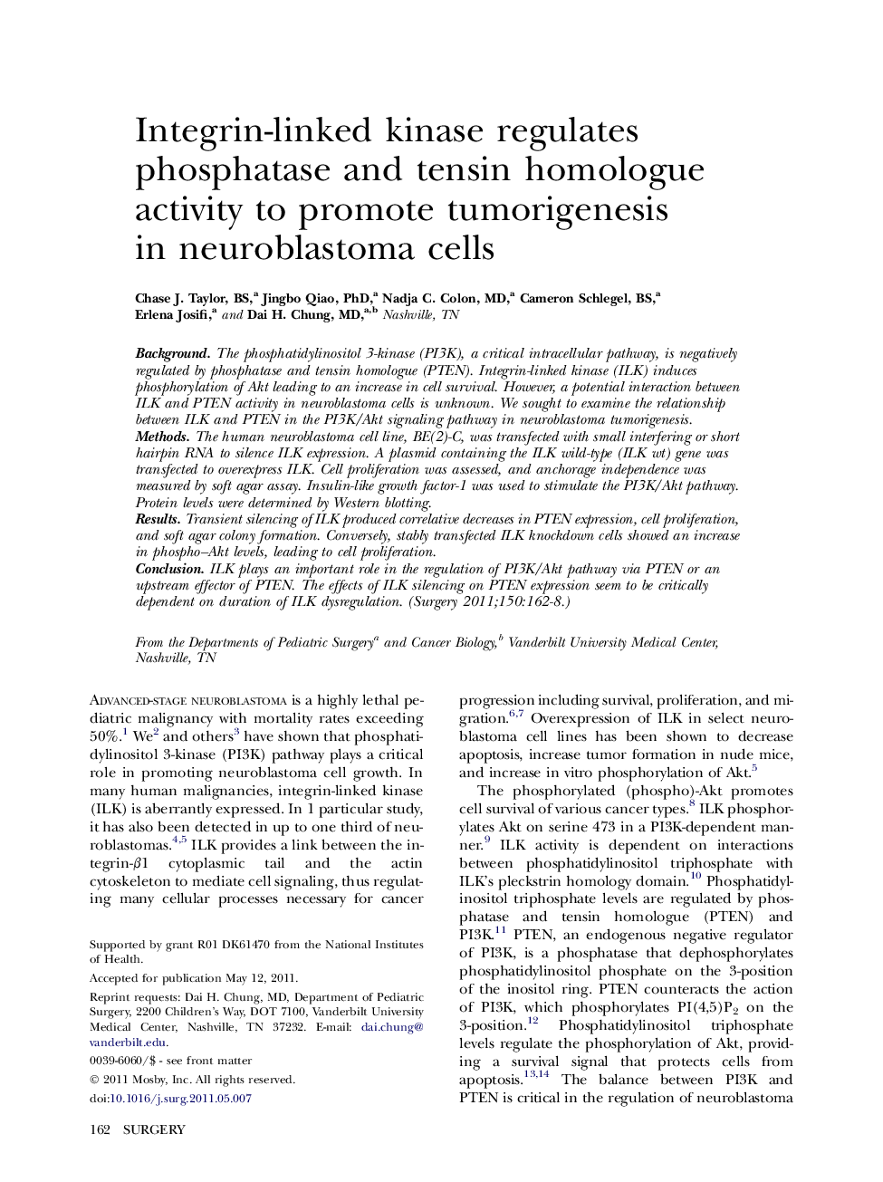 Integrin-linked kinase regulates phosphatase and tensin homologue activity to promote tumorigenesis in neuroblastoma cells