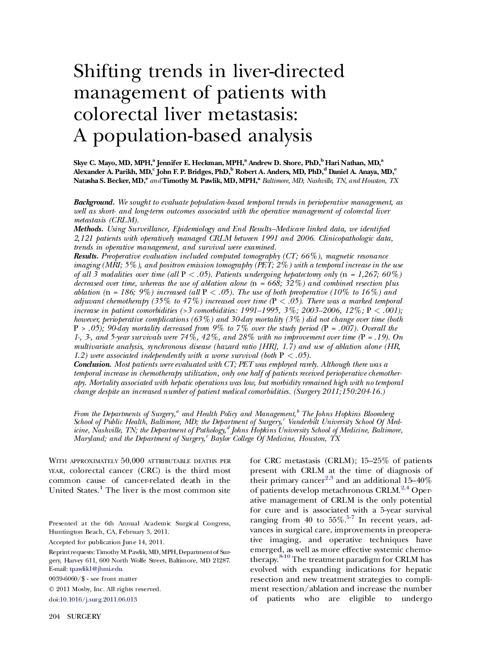 Shifting trends in liver-directed management of patients with colorectal liver metastasis: A population-based analysis