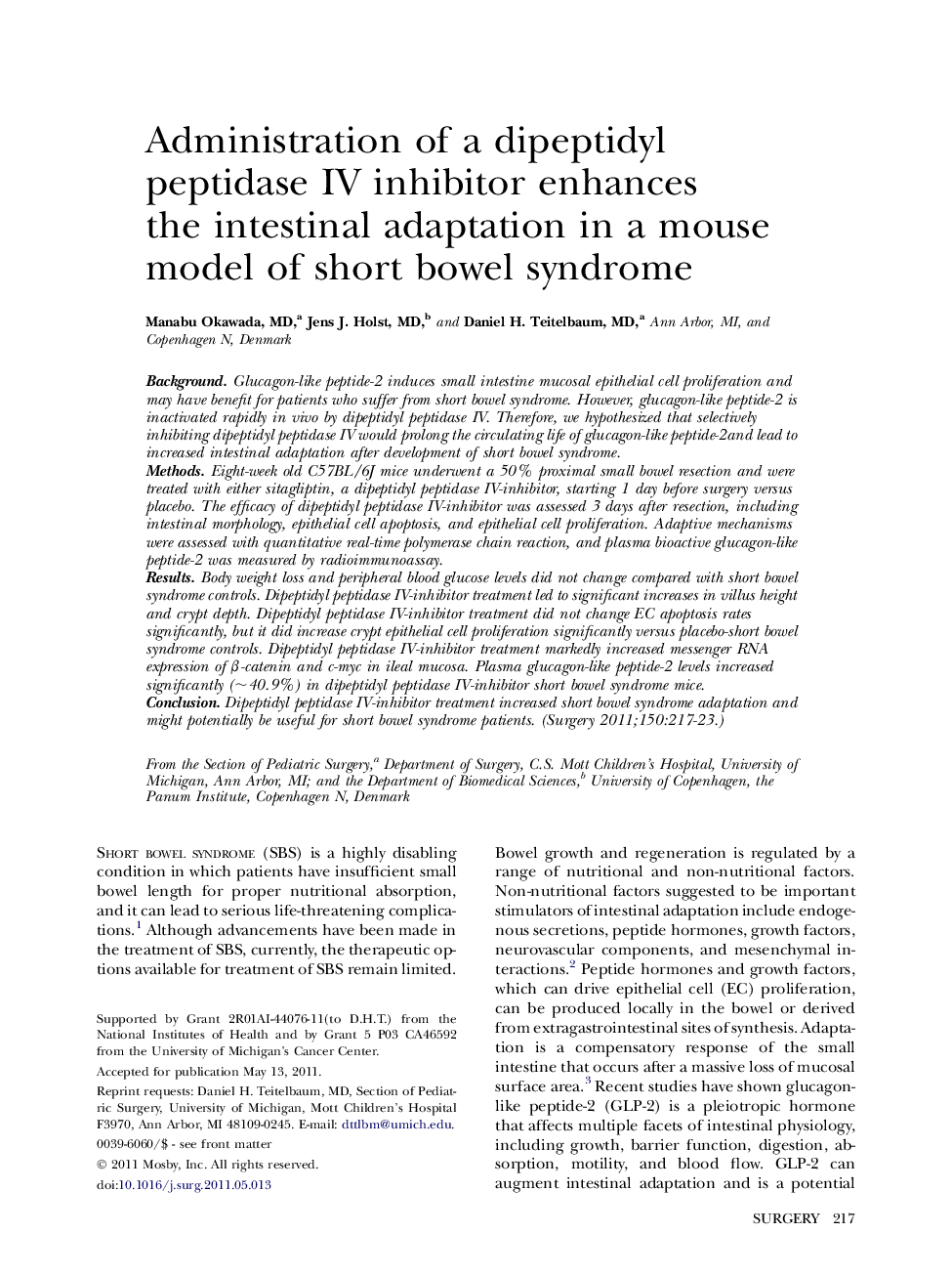 Administration of a dipeptidyl peptidase IV inhibitor enhances the intestinal adaptation in a mouse model of short bowel syndrome 