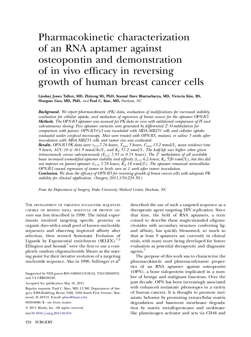 Pharmacokinetic characterization of an RNA aptamer against osteopontin and demonstration of in vivo efficacy in reversing growth of human breast cancer cells 