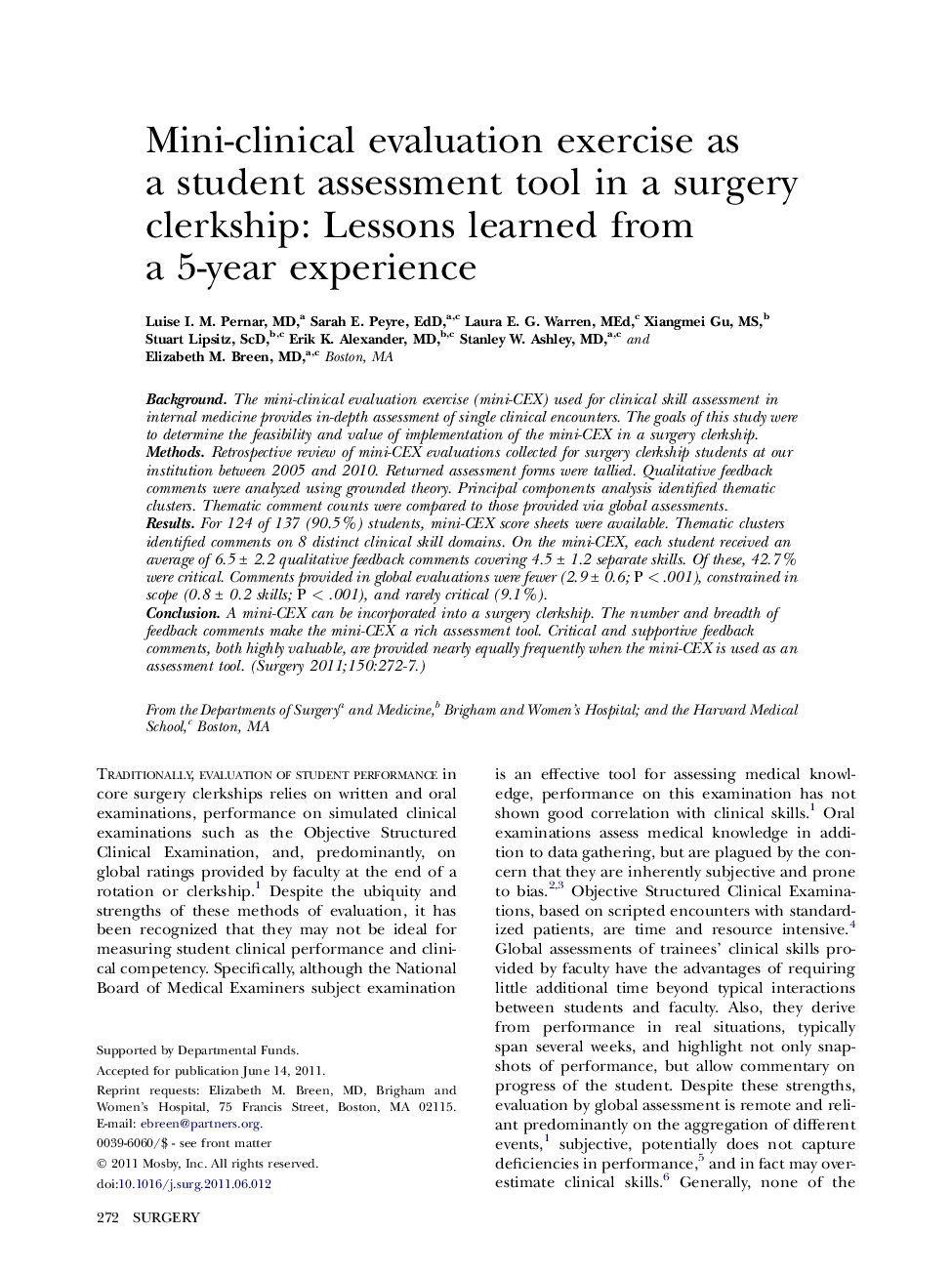 Mini-clinical evaluation exercise as a student assessment tool in a surgery clerkship: Lessons learned from a 5-year experience 