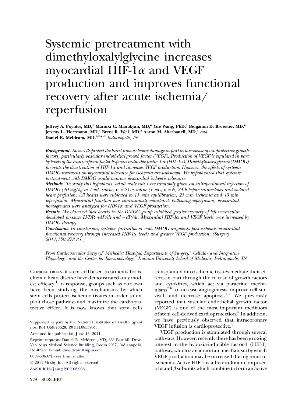 Systemic pretreatment with dimethyloxalylglycine increases myocardial HIF-1α and VEGF production and improves functional recovery after acute ischemia/reperfusion 