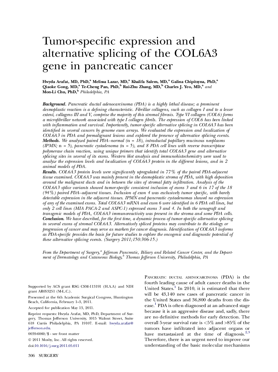 Tumor-specific expression and alternative splicing of the COL6A3 gene in pancreatic cancer 