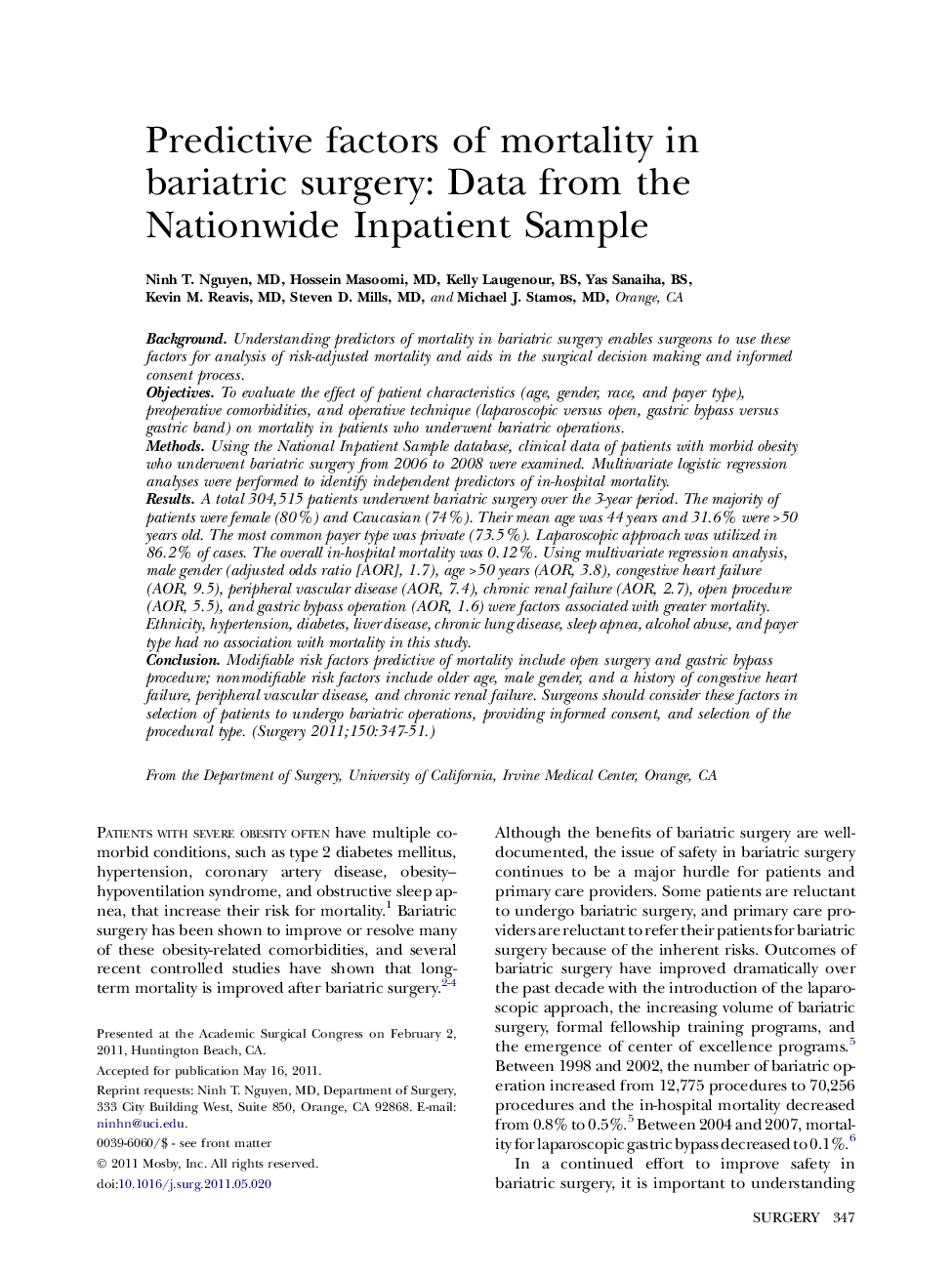 Predictive factors of mortality in bariatric surgery: Data from the Nationwide Inpatient Sample