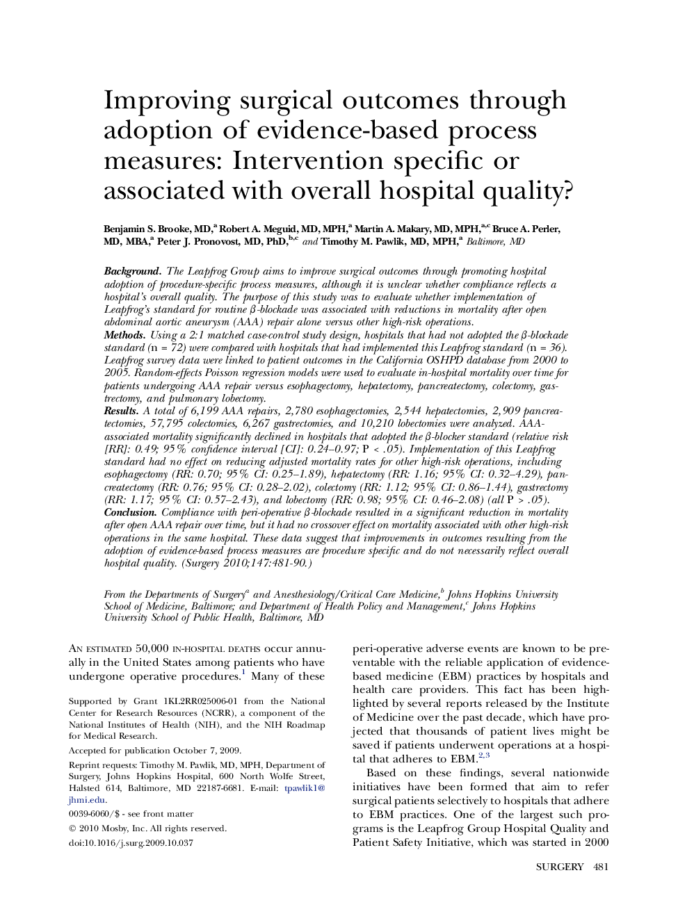 Improving surgical outcomes through adoption of evidence-based process measures: Intervention specific or associated with overall hospital quality? 