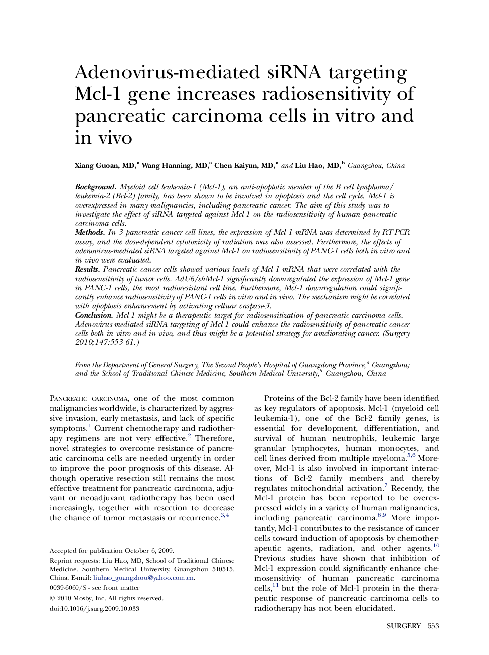 Adenovirus-mediated siRNA targeting Mcl-1 gene increases radiosensitivity of pancreatic carcinoma cells in vitro and in vivo