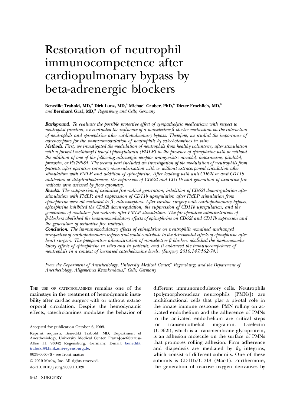 Restoration of neutrophil immunocompetence after cardiopulmonary bypass by beta-adrenergic blockers