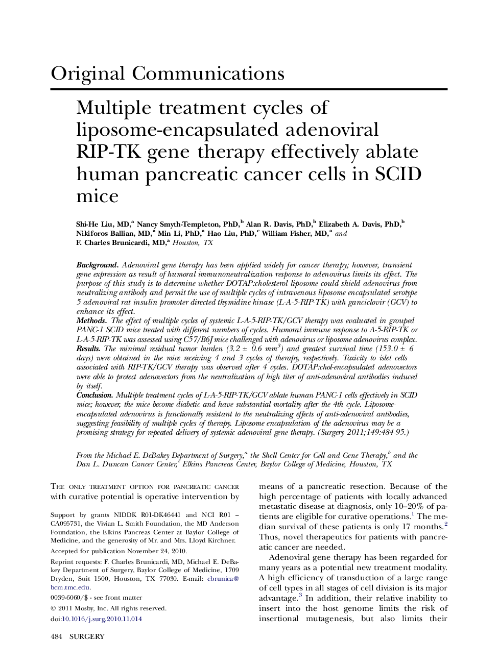 Multiple treatment cycles of liposome-encapsulated adenoviral RIP-TK gene therapy effectively ablate human pancreatic cancer cells in SCID mice 