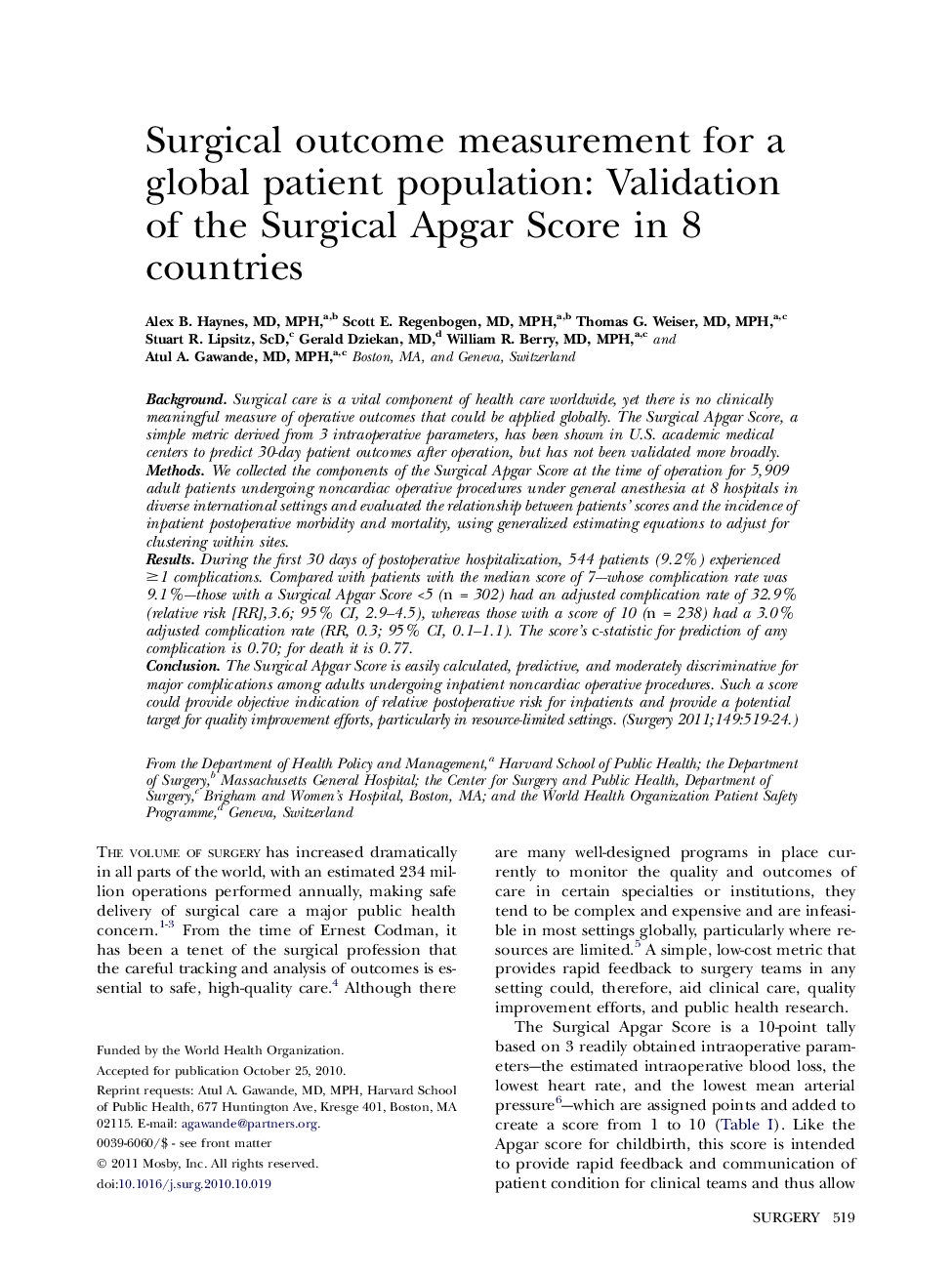 Surgical outcome measurement for a global patient population: Validation of the Surgical Apgar Score in 8 countries 