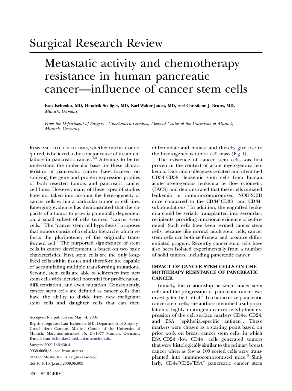 Metastatic activity and chemotherapy resistance in human pancreatic cancer-influence of cancer stem cells