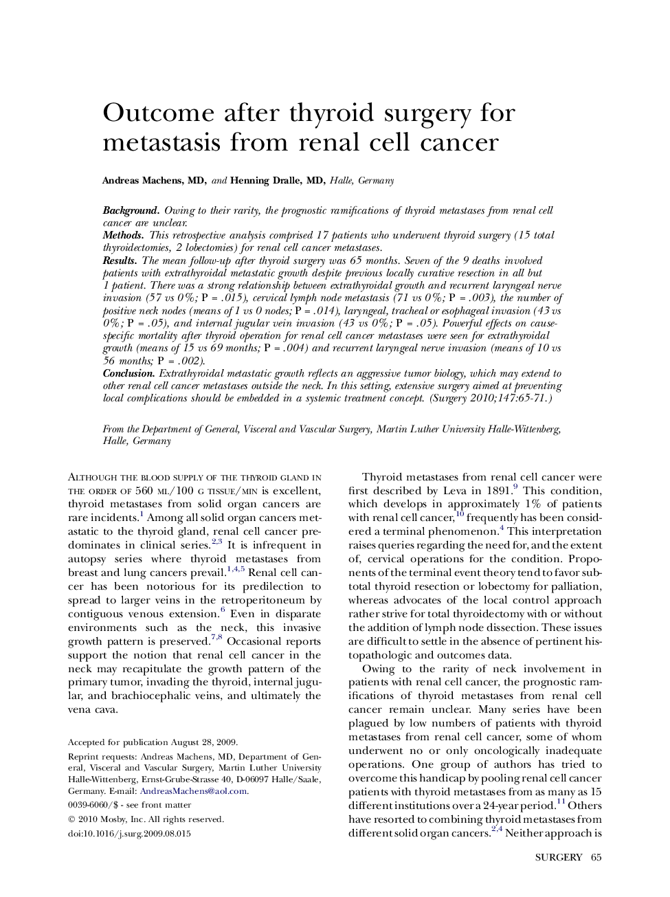 Outcome after thyroid surgery for metastasis from renal cell cancer