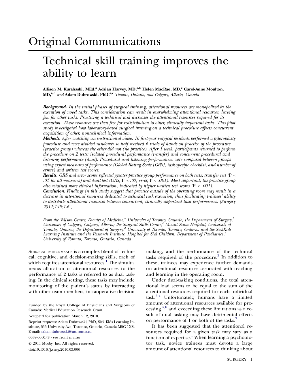 Technical skill training improves the ability to learn 