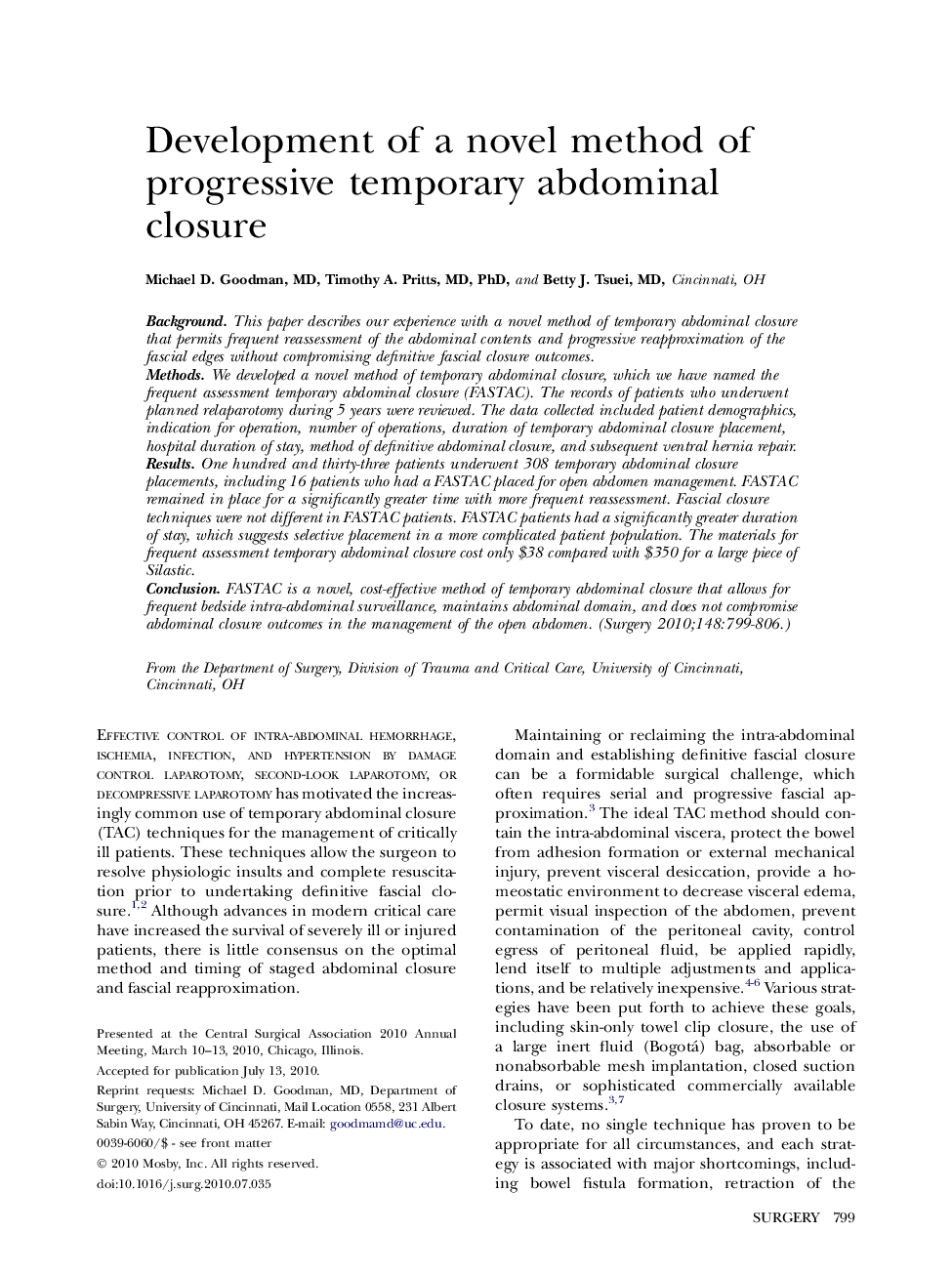 Development of a novel method of progressive temporary abdominal closure