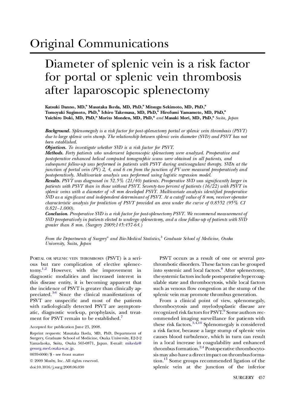 Diameter of splenic vein is a risk factor for portal or splenic vein thrombosis after laparoscopic splenectomy