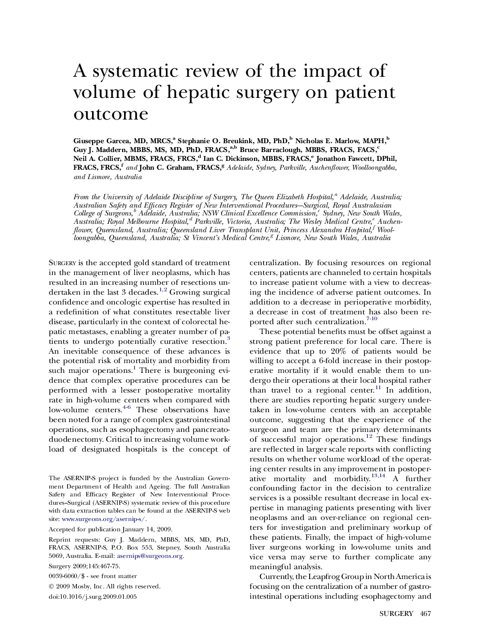A systematic review of the impact of volume of hepatic surgery on patient outcome