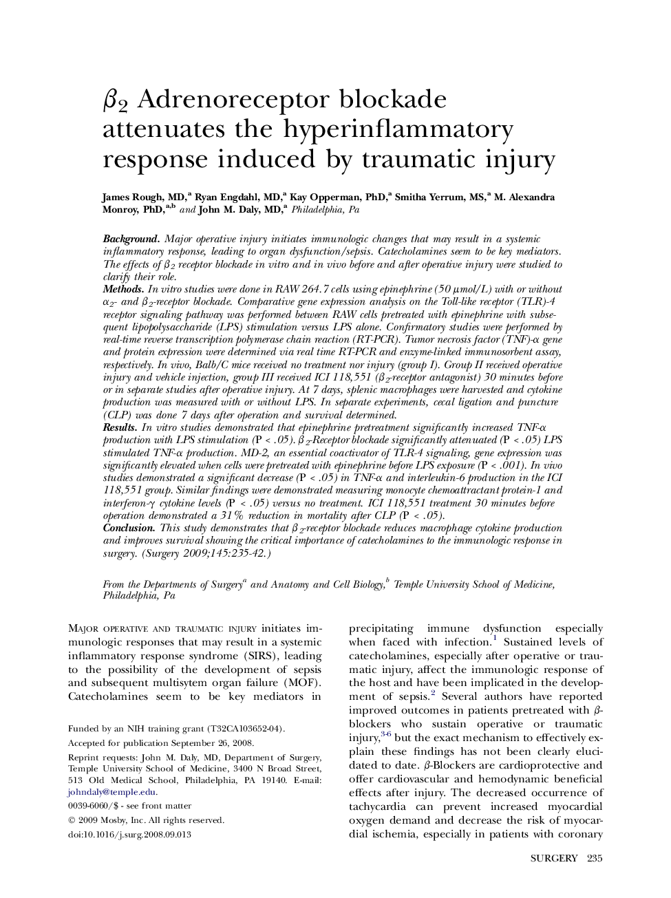 β2 Adrenoreceptor blockade attenuates the hyperinflammatory response induced by traumatic injury 