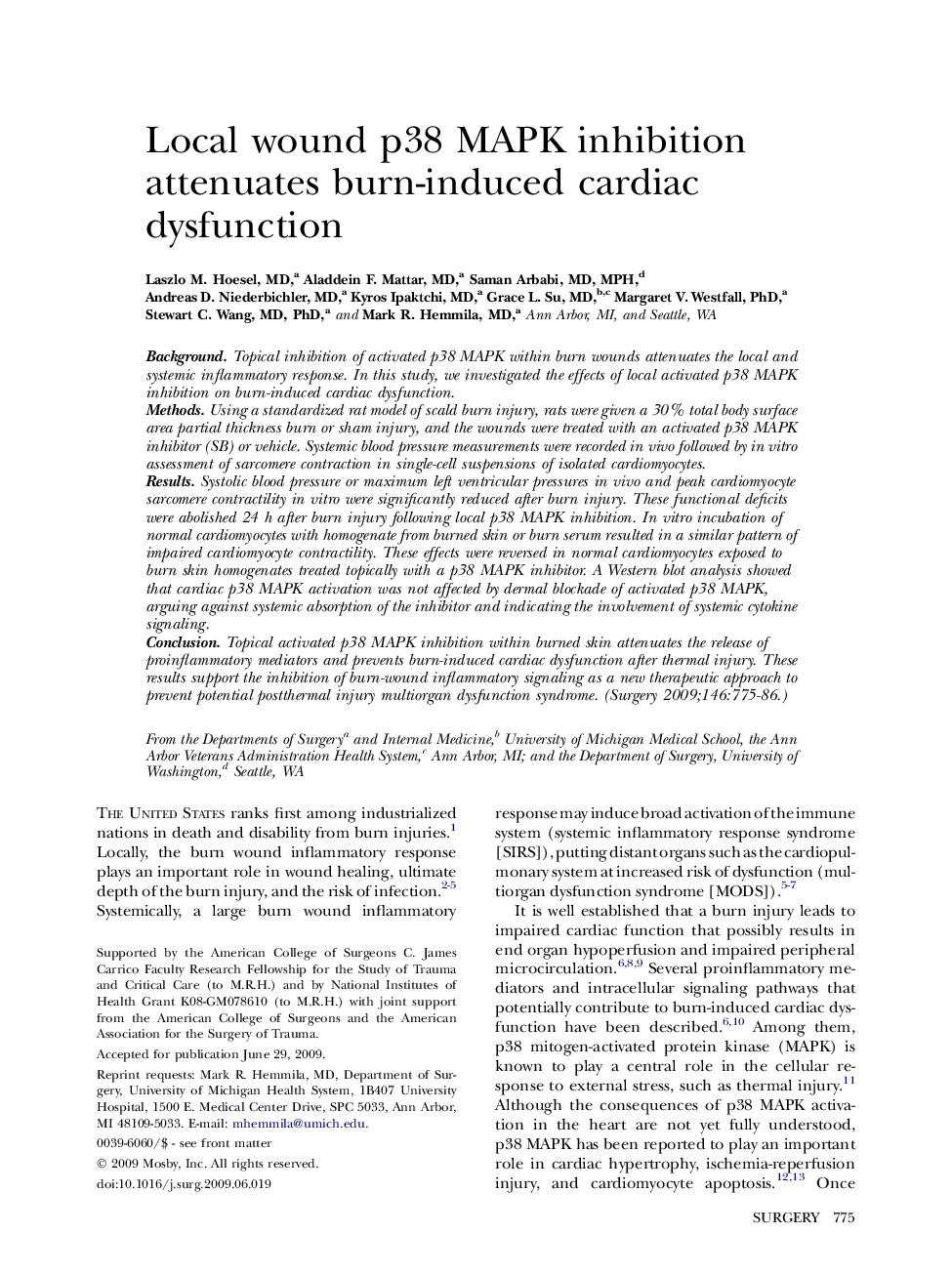 Local wound p38 MAPK inhibition attenuates burn-induced cardiac dysfunction 