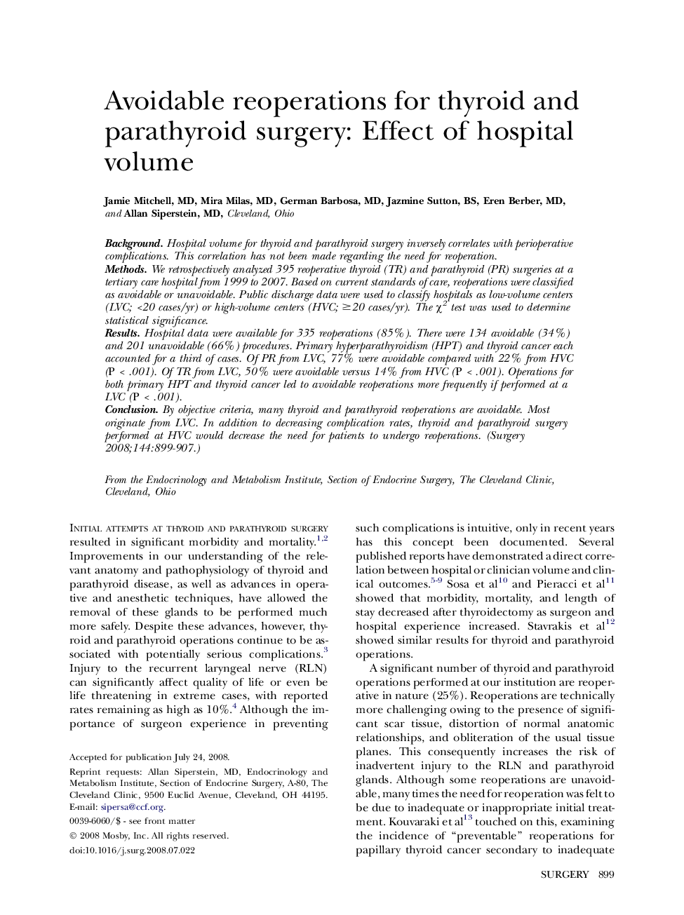 Avoidable reoperations for thyroid and parathyroid surgery: Effect of hospital volume