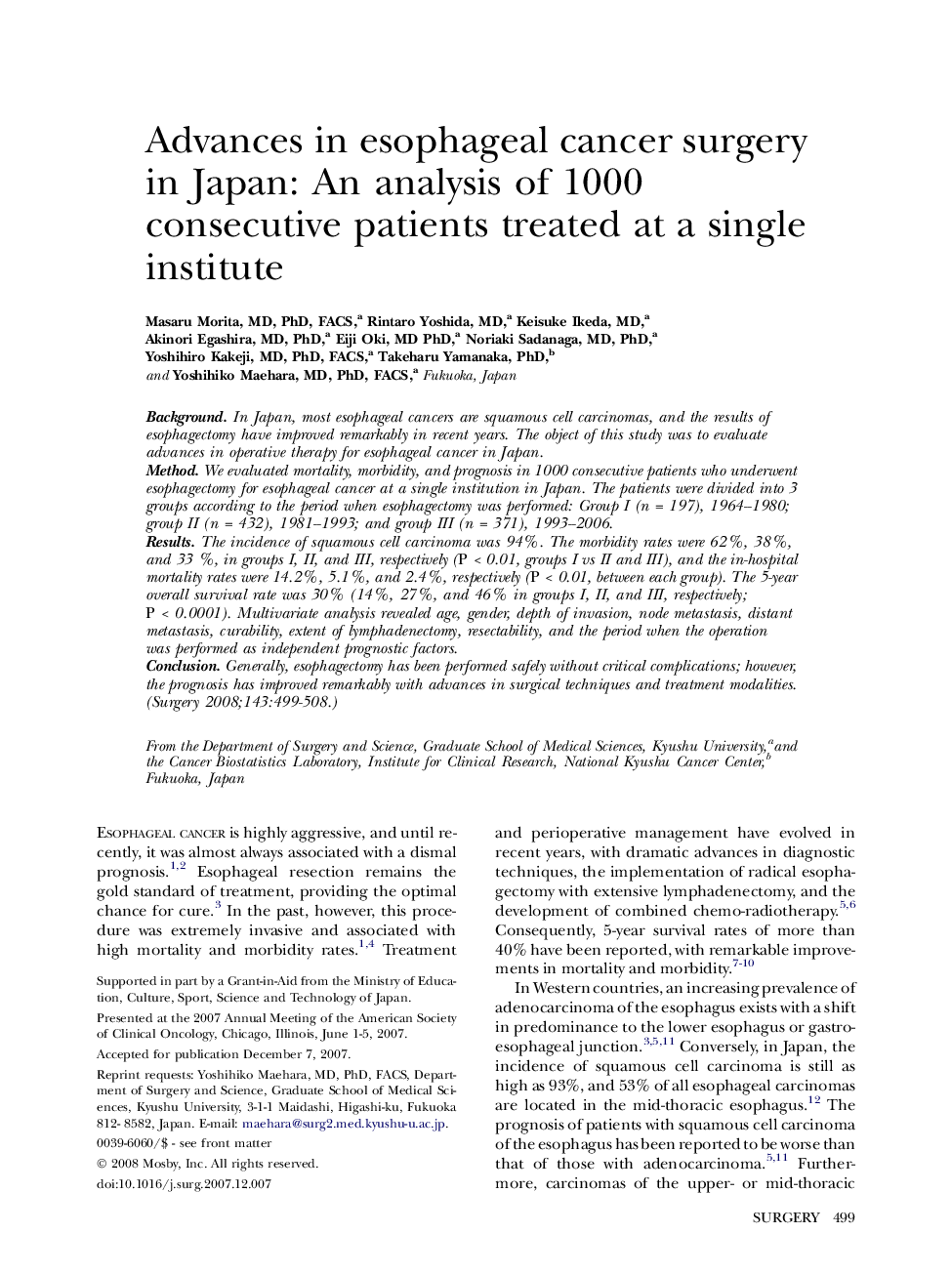 Advances in esophageal cancer surgery in Japan: An analysis of 1000 consecutive patients treated at a single institute 