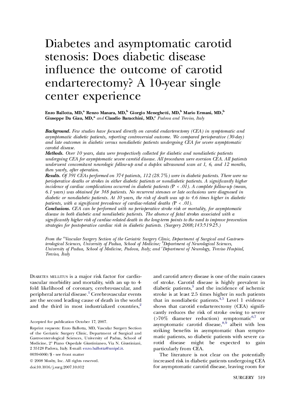 Diabetes and asymptomatic carotid stenosis: Does diabetic disease influence the outcome of carotid endarterectomy? A 10-year single center experience