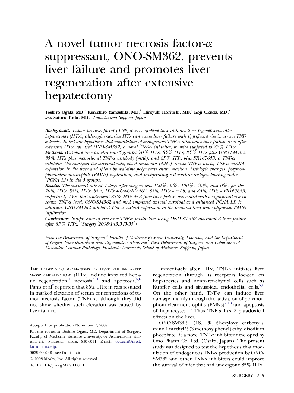 A novel tumor necrosis factor-α suppressant, ONO-SM362, prevents liver failure and promotes liver regeneration after extensive hepatectomy