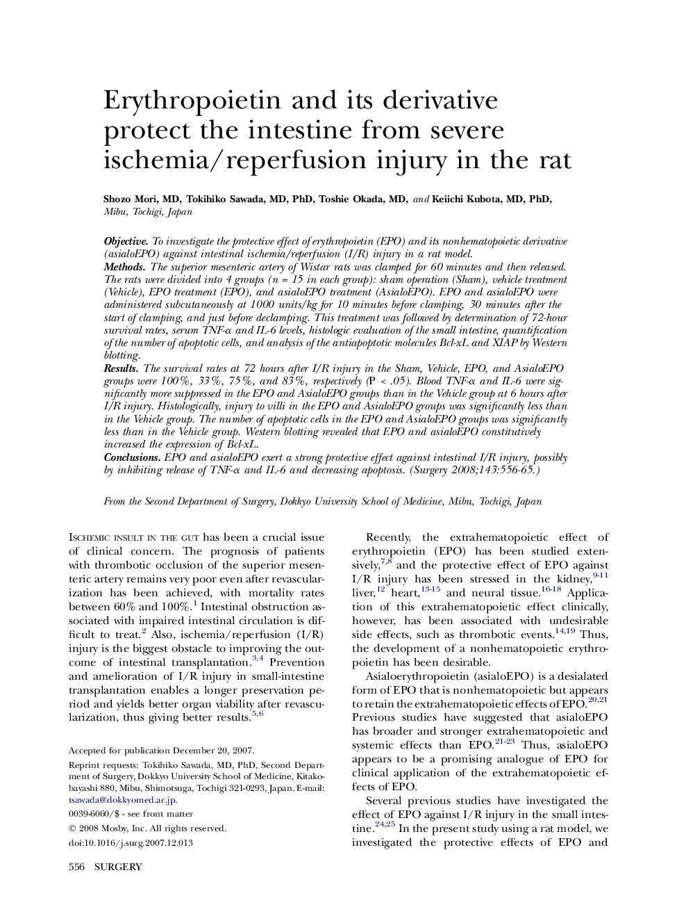 Erythropoietin and its derivative protect the intestine from severe ischemia/reperfusion injury in the rat